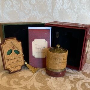 Festive Gold and Red Keepsake votive holder with Decorative Tag and ornament.